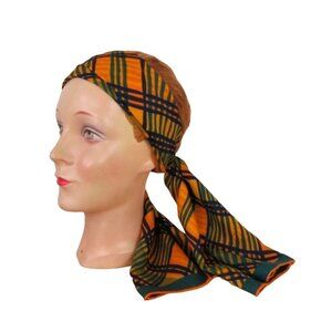 Vintage 1970s VERA Neumann Yellow Green Plaid Scarf 44" x 14" Rectangle